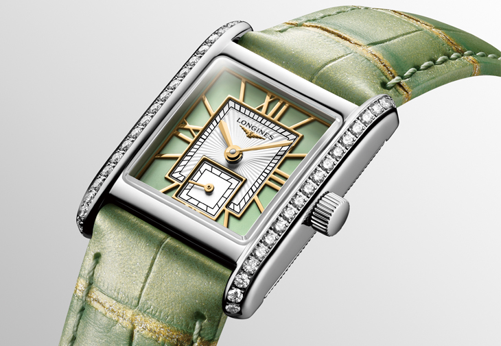 浪琴表LONGINES Mini DolceVita迷你多情系列羅馬鏤雕鍍金面盤薄荷綠高級鱷魚皮革錶帶鑽錶