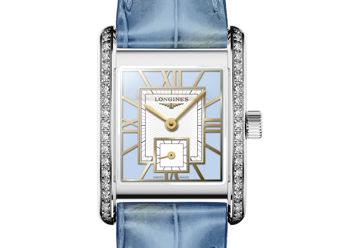 浪琴表LONGINES Mini DolceVita迷你多情系列羅馬鏤雕鍍金面盤寧靜藍高級鱷魚皮革錶帶鑽錶