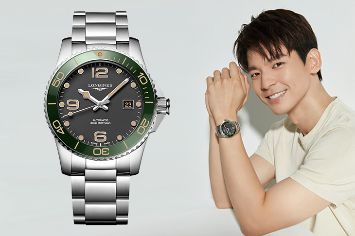 林柏宏配戴浪琴表LONGINES HydroConquest深海征服者系列叢林綠不鏽鋼鍊帶款