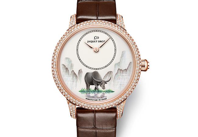 雅克德羅 Jaquet Droz 微繪水牛鑲鑽時分小針盤腕錶,型號:J005003228