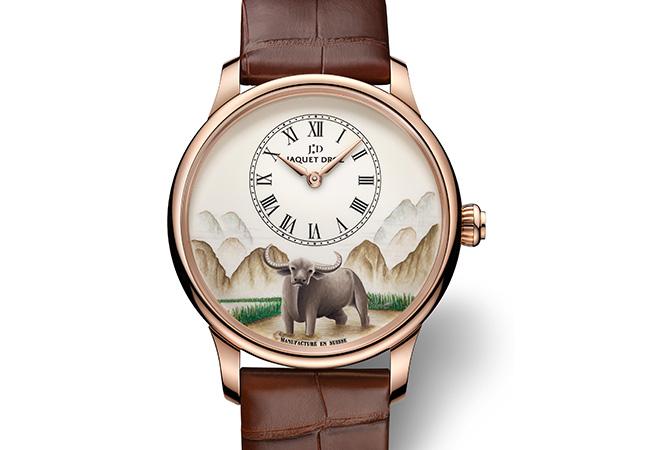 雅克德羅 Jaquet Droz 微繪水牛紅金時分小針盤腕錶,型號:J005123206