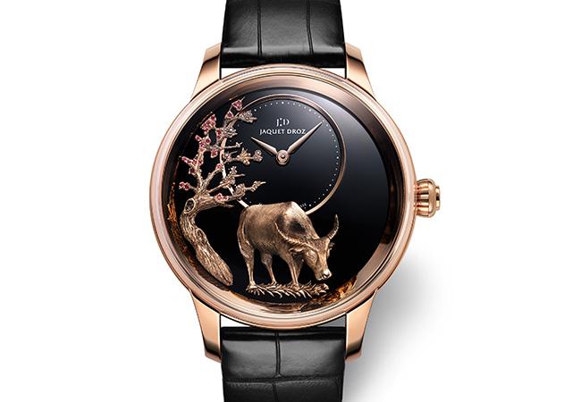 雅克德羅 Jaquet Droz 浮雕水牛紅金時分小針盤腕錶,型號:J005023295