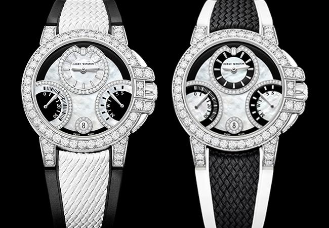 海瑞溫斯Harry Winston Ocean系列黑白雙逆跳功能36毫米自動腕錶,白色編織紋錶帶款