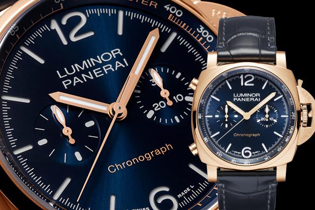 沛納海Luminor Chrono Goldtech Blu Notte玫瑰金計時腕錶型號PAM01111