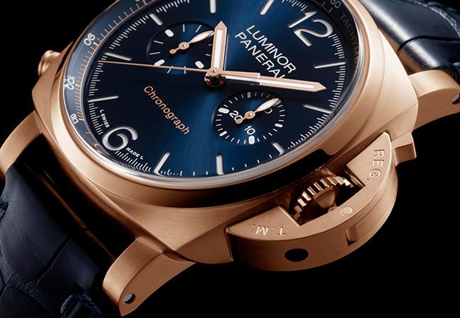 沛納海Luminor Chrono Goldtech Blu Notte玫瑰金計時腕錶型號PAM01111