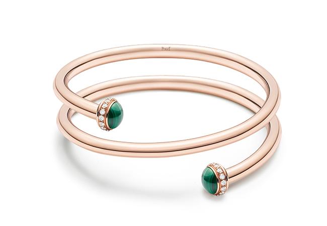 PIAGET Possession系列18K玫瑰金孔雀石鑲鑽雙圈手環