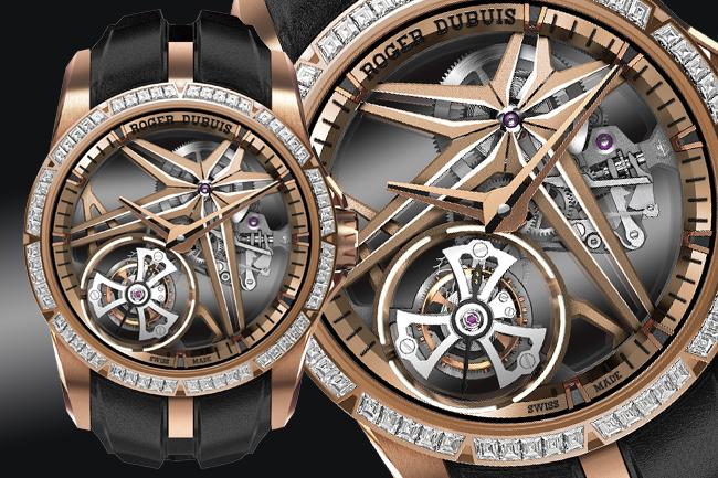 羅杰杜彼ROGER DUBUIS王者系列玫瑰金鑲鑽鏤空飛行陀飛輪
