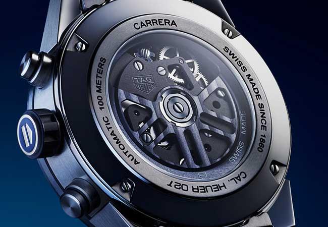 TAG HEUER泰格豪雅Carrera藍色錶面陀飛輪計時腕錶背面