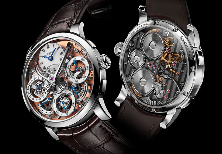 MB&F Legacy Machine Perpetual萬年曆腕錶鮭魚紅面盤精鋼版本