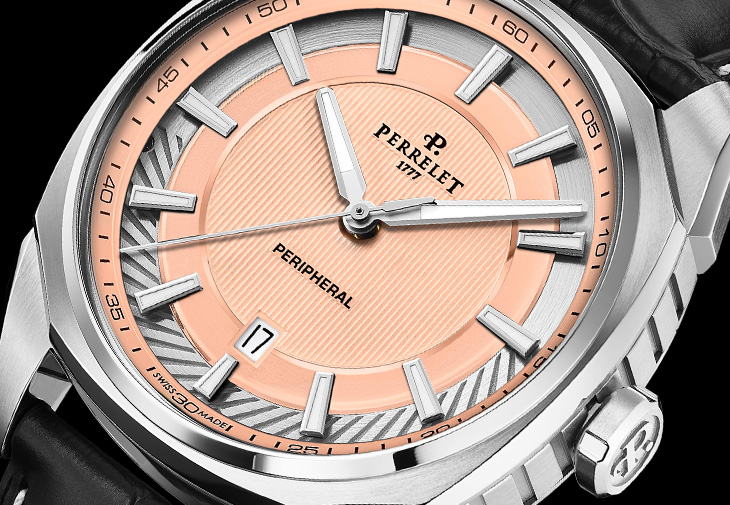 沛力錶PERRELET鮭魚色面盤Lab Peripheral系列大三針日期腕錶