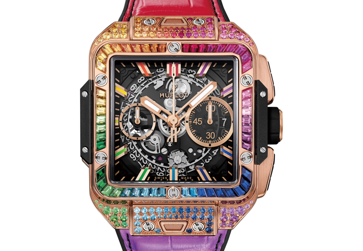 HUBLOT宇舶Square Bang Unico彩虹寶石計時碼錶皇金彩虹款