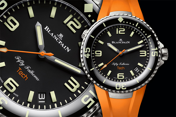 黑、白、橘三款快拆錶帶／寶珀五十噚Tech-Nicolors潛水錶