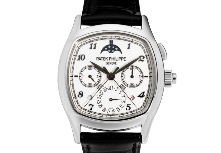 百達翡麗鉑金枕形萬年曆單按鈕追針計時腕錶