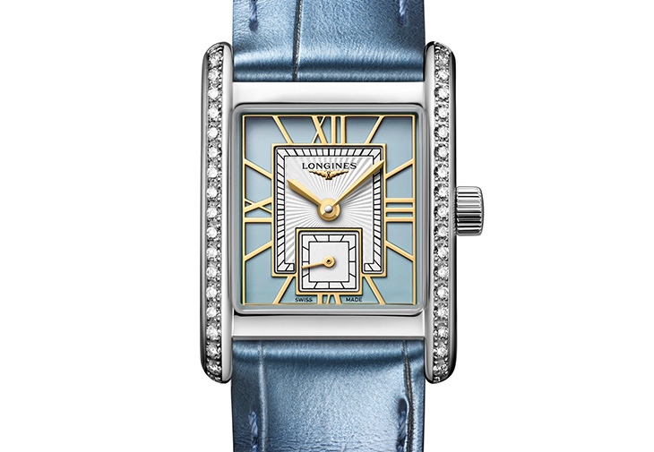 LONGINES 浪琴表Mini DolceVita迷你多情系列羅馬鏤雕鍍金面盤搭配高級寧靜藍鱷魚皮革錶帶鑲鑽腕錶