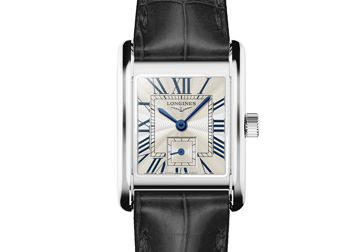 LONGINES 浪琴表Mini DolceVita迷你多情系列羅馬「flinqué」飾紋面盤搭配黑色鱷魚皮革錶帶腕錶