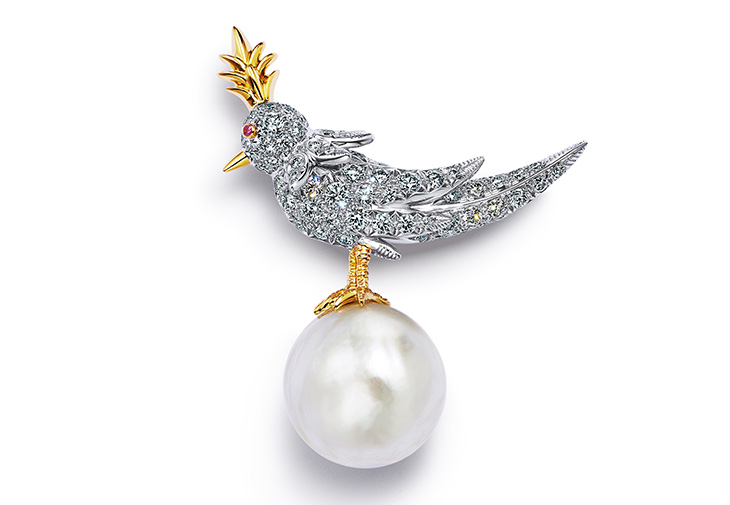 Tiffany & Co. Schlumberger石上鳥珍珠系列鉑金與18K金鑲嵌白色珍珠與鑽石胸針