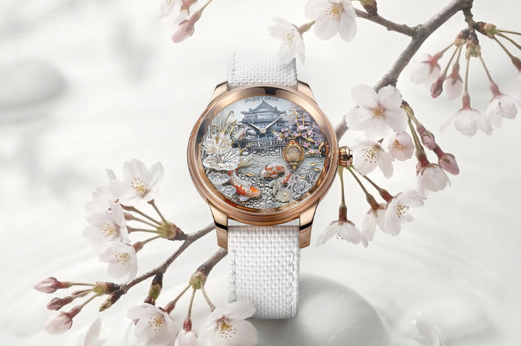 珍珠母貝雕飾與微繪／JAQUET DROZ時分小針盤紅金「日式花園」腕錶