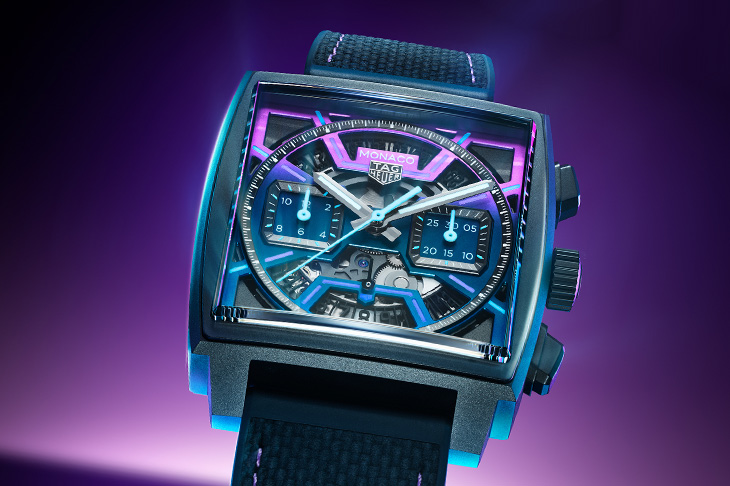 夜間賽道美學／TAG Heuer Monaco 鏤空計時腕錶電光紫限量版