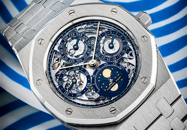 愛彼鉑金自動上弦鏤空萬年曆鏈帶腕錶