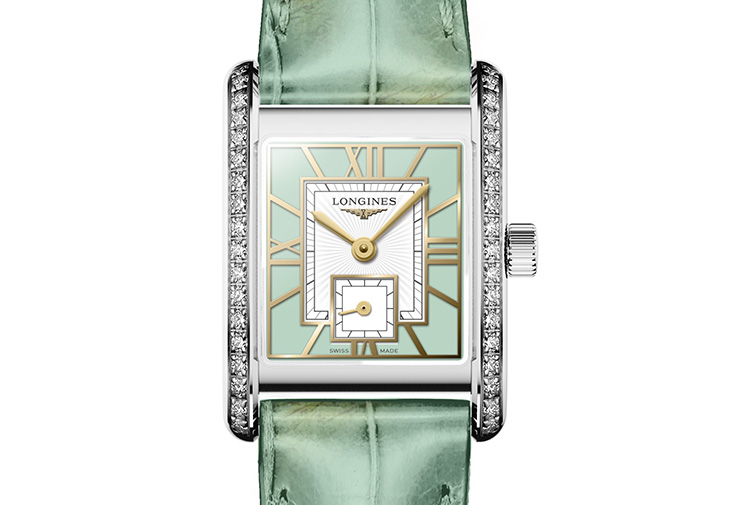 LONGINES 浪琴表Mini DolceVita迷你多情系列羅馬鏤雕鍍金面盤搭配高級薄荷綠鱷魚皮革錶帶鑲鑽腕錶