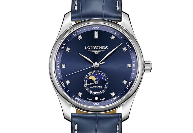 浪琴表 Master 巨擘系列藍色面盤點鑽時標藍色真皮錶帶月相腕錶鄭雨盛配戴款