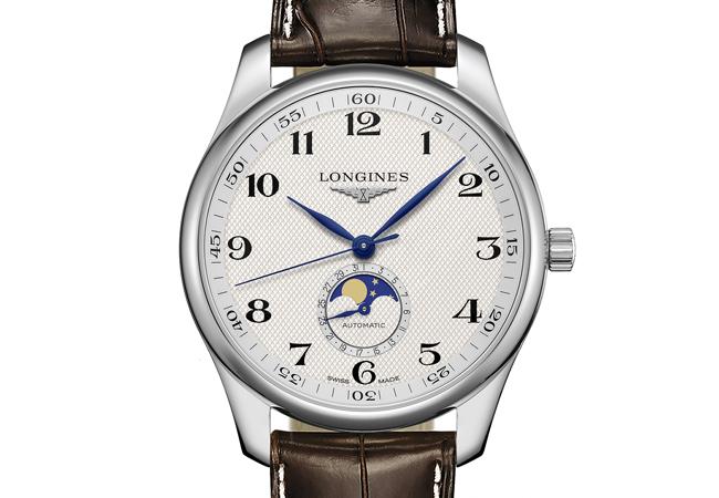 浪琴表 Master 巨擘系列藍色面盤點鑽時標藍色真皮錶帶月相腕錶鄭雨盛贈錶款