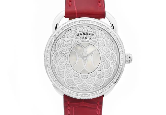 愛馬仕Arceau H Déco珠寶腕錶白色珍珠母貝紅色錶帶款