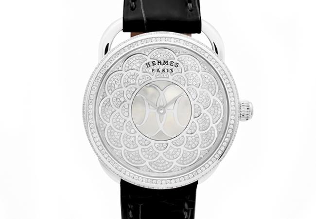 愛馬仕Arceau H Déco珠寶腕錶白色珍珠母貝黑色錶帶款