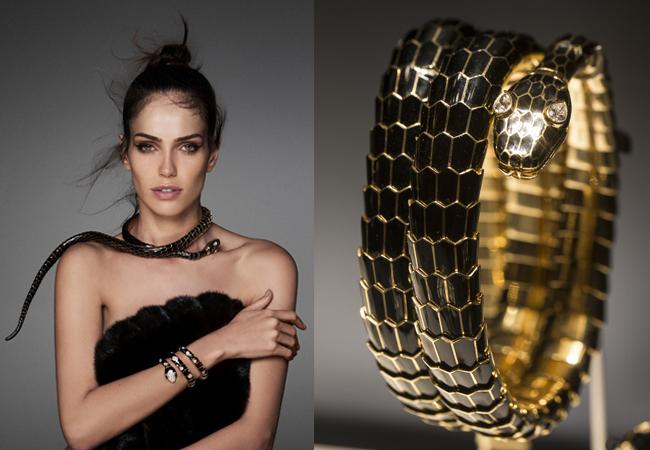 巴西超模Amanda Wellsh 配戴BVLGARI Heritage典藏系列Serpenti黑色琺瑯皮帶