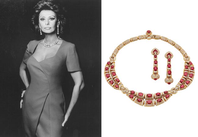 奧斯卡影后蘇菲亞羅蘭(Sophia Loren)配戴BVLGARI Heritage典藏系列黃K金紅寶石項鍊與耳環