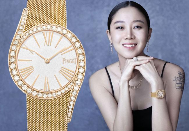 孔曉振配戴PIAGET Limelight Gala系列18K玫瑰金鑲鑽自動上鍊珠寶腕錶