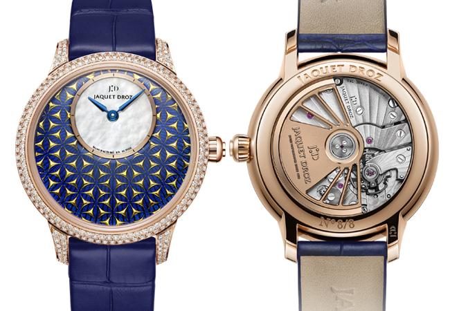 雅克德羅JAQUET DROZ金箔雕花琺瑯時分小針盤「生命之花」腕錶　「Fleur de Vie 」Petite Heure Minute PaillonnéePaillonnée