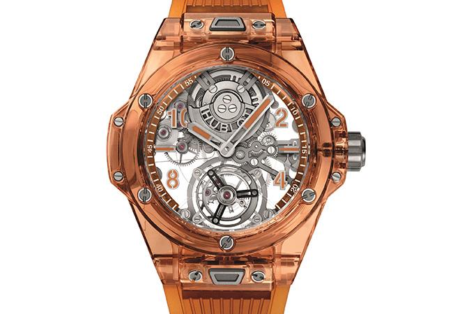 宇舶HUBLOT冰橙藍寶石陀飛輪腕錶，型號：419.JO.0120.RT