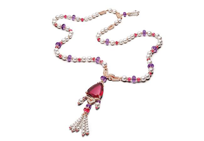 BVLGARI BAROCKO系列Lady Rubellite頂級紅碧璽、珍珠與鑽石項鍊。