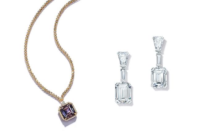 好萊塢女星蓋兒加朵Gal Gadot佩戴的Tiffany高級珠寶18K金雙色黝簾石與鑽石項鍊(左)、好萊塢女星安雅泰勒喬伊Anya Taylor-Joy佩戴鉑金鑽石耳環(右)。