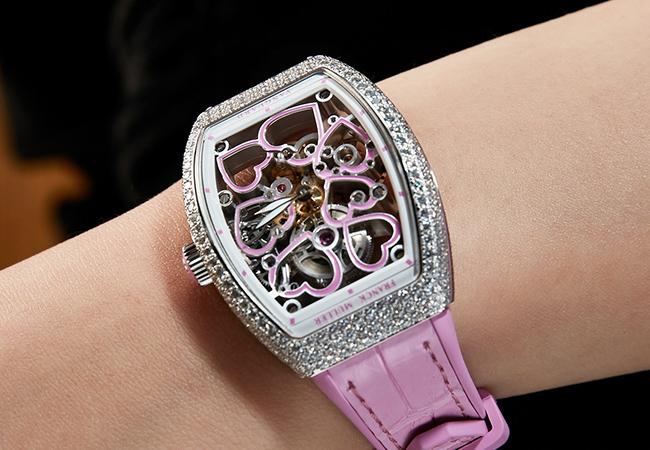 FRANCK MULLER Vanguard Lady Heart 粉紅愛心鏤空精鋼鑽錶