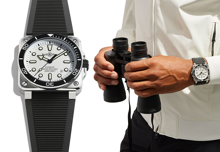 BR 03 Diver White Steel 直徑42mm不鏽鋼錶殼，單向旋轉錶圈／時間指示，日期窗／BR-CAL.302-1自動上鍊機芯，54小時動力儲存／藍寶石水晶鏡面／防水300米／參考價NTD 150,000 （2024.06）