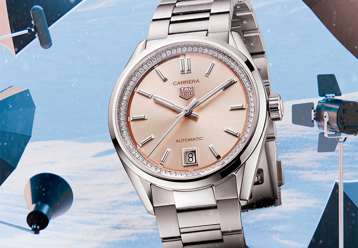 泰格豪雅TAG HEUER Carrera日期36毫米自動腕錶桃粉鑲鑽款