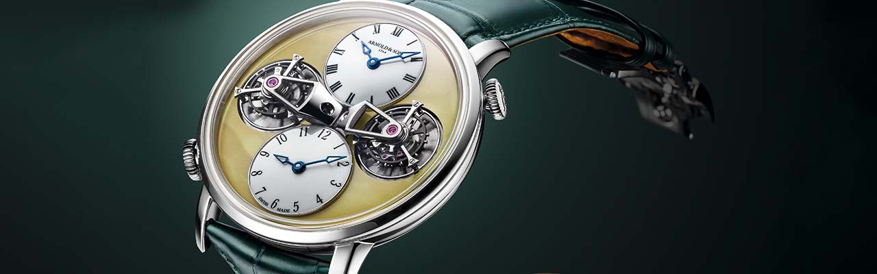 亞諾錶ARNOLD & SON雙陀飛輪兩地時間琥珀腕錶