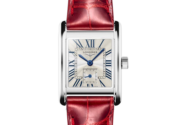 LONGINES 浪琴表Mini DolceVita迷你多情系列羅馬「flinqué」飾紋面盤搭配紅色鱷魚皮革錶帶腕錶