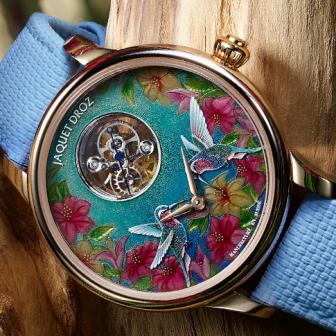 大明火琺瑯蜂鳥 x 神祕陀飛輪／JAQUET DROZ時分小針盤紅金「蜂鳥」腕錶