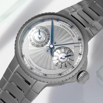 機刻雕花面盤結合雙時區／CHRONOSWISS Pulse GMT Silver Guilloché兩地時間腕錶