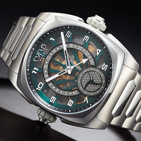 同軸逆跳及兩地時間／CYRUS KLEPCYS GMT Palm Green Titanium Bracelet
