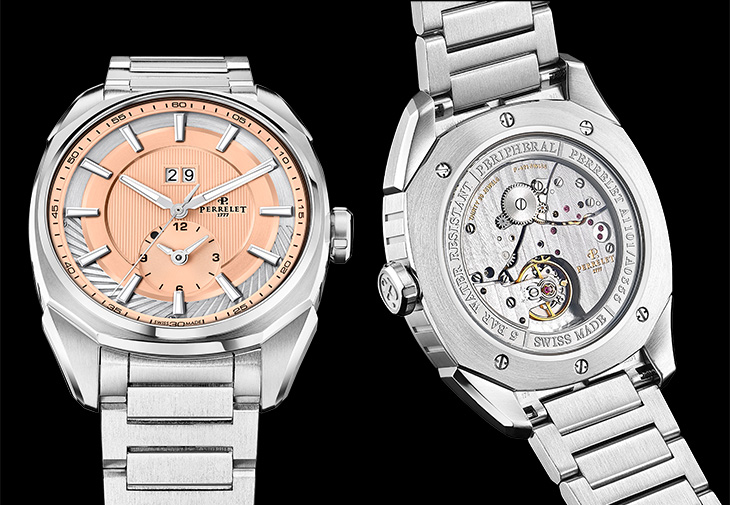 沛力錶PERRELET鮭魚色面盤Lab Peripheral系列雙時區大日期窗腕錶