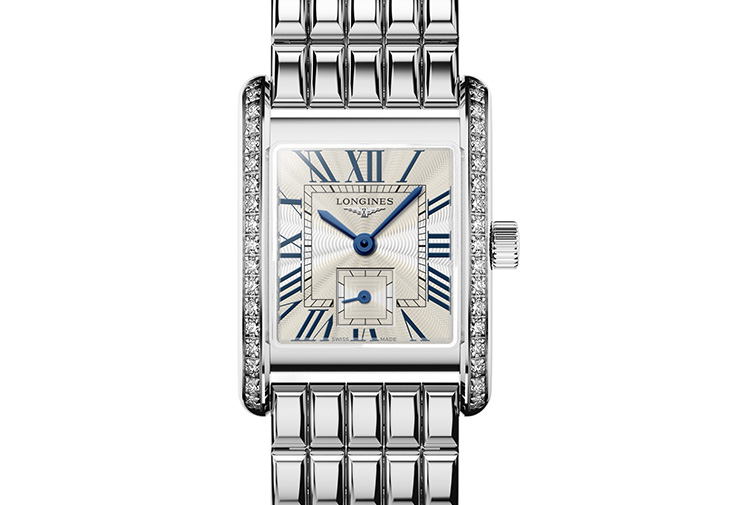 LONGINES 浪琴表Mini DolceVita迷你多情系列羅馬「flinqué」飾紋面盤搭配不鏽鋼鑲鑽腕錶
