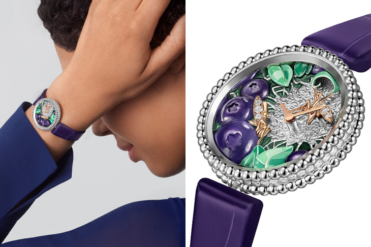 飽滿果實的微雕琺瑯 梵克雅寶Perlée Extraordinaire Fruits系列Enchantés Myrtille及 Framboise工藝腕錶