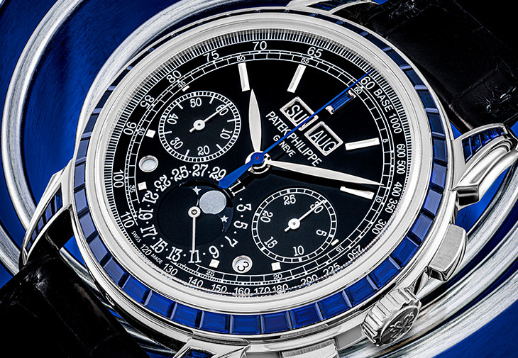 百達翡麗鉑金鑲藍寶石萬年曆計時腕錶