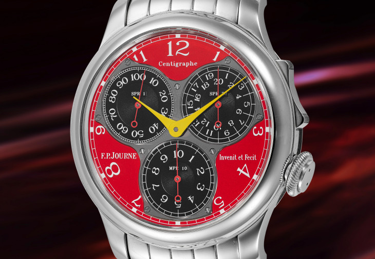 紐約富藝斯鐘錶拍賣品之一,F.P.JOURNE「Centigraphe Souverain “F”」,鉑金計時鏈帶腕錶,備鮮紅色錶盤、1/100 秒、20 秒及 10 分鐘子盤,編號 005,約 2014 年制。附保證書、錶盒。估價:200,000-400,000 美元