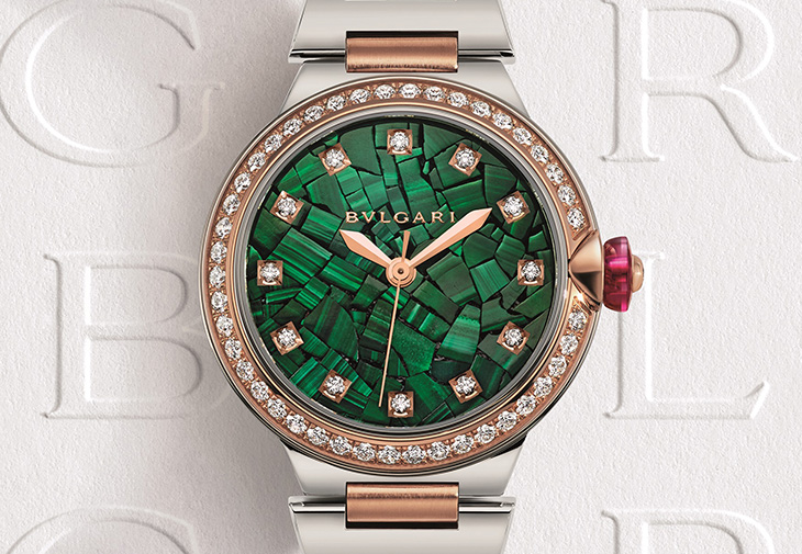寶格麗BVLGARI LVCEA 綠色孔雀石面盤精鋼與玫瑰金鑲鑽腕錶