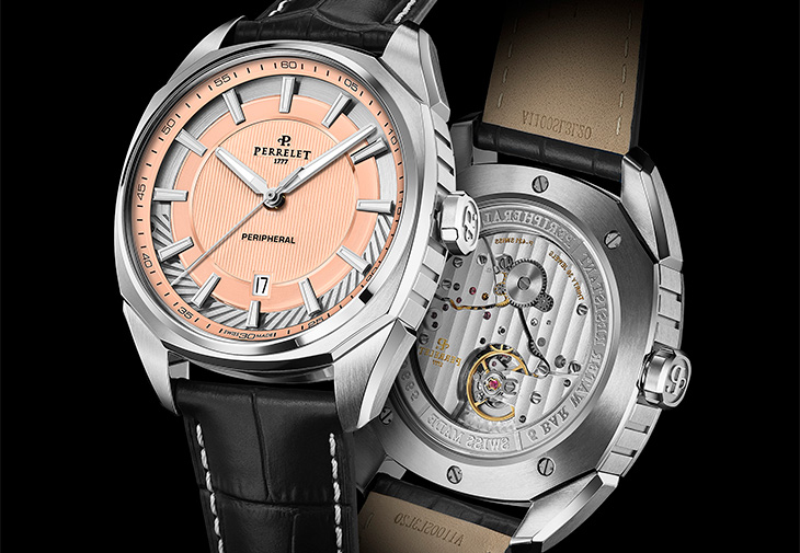 沛力錶PERRELET鮭魚色面盤Lab Peripheral系列大三針日期腕錶